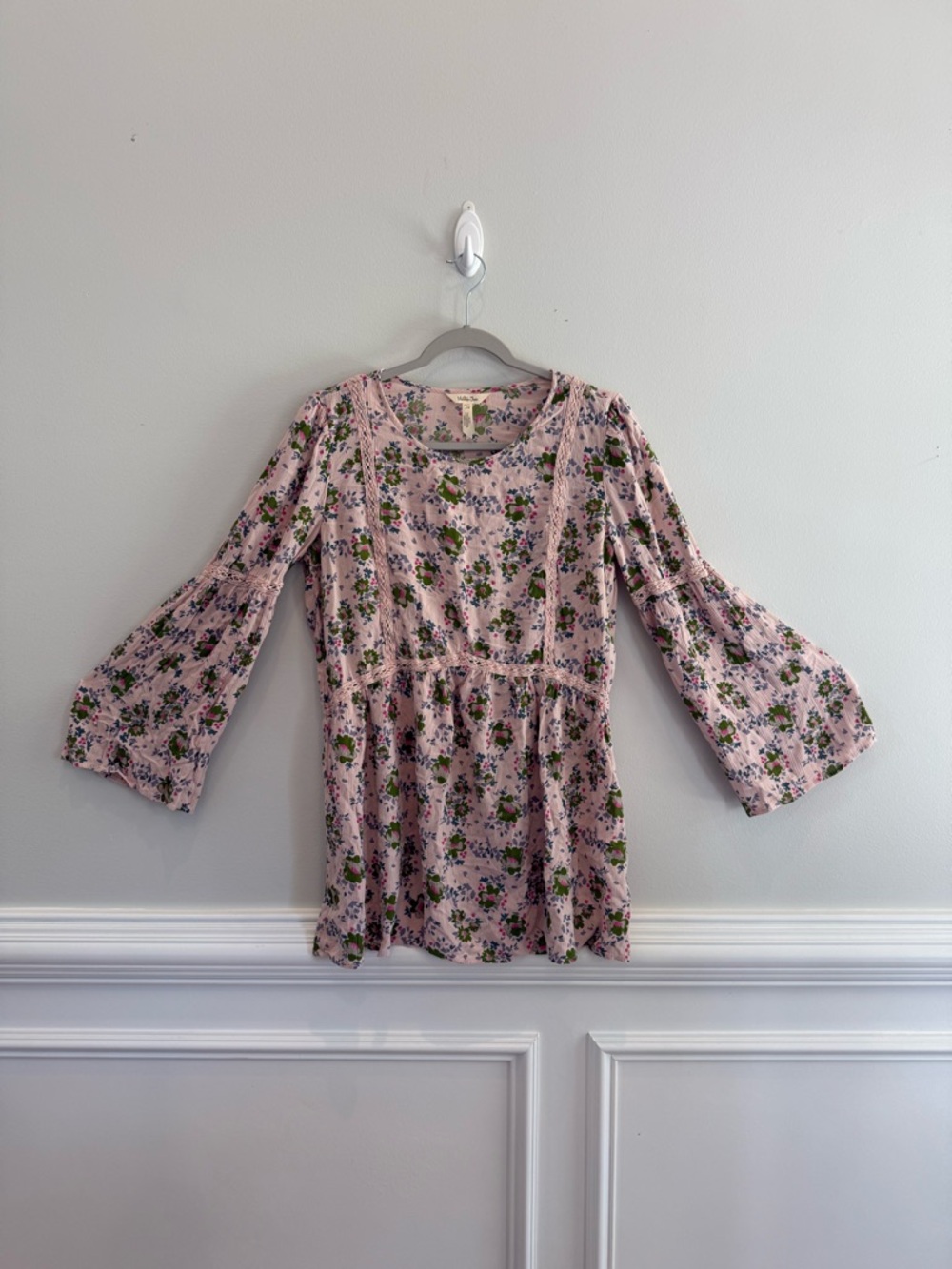 Pink Floral Bell-Sleeve Boho Tunic Women’s Sz Large Cottagecore Prairie Spring